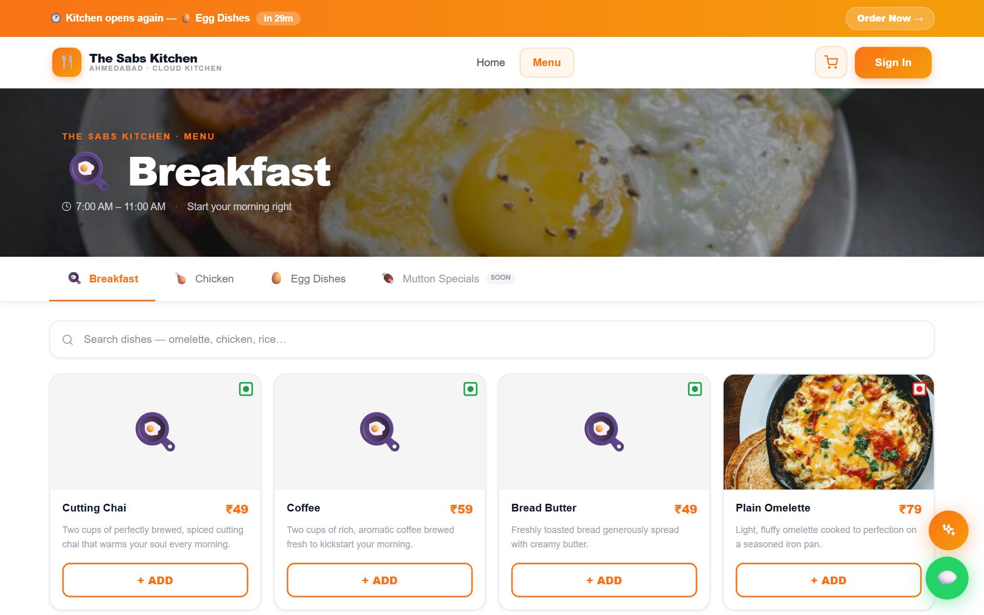 The Sabs Kitchen menu page with categories and add-to-cart